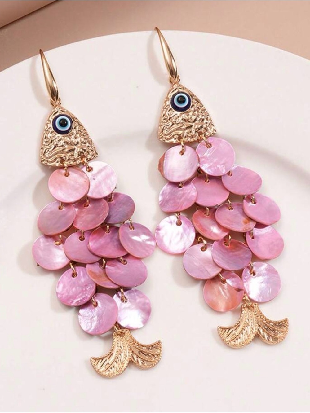 Pink Fish Earrings Evil Eye Statement Coastal Jewelry - Picture 4 of 5